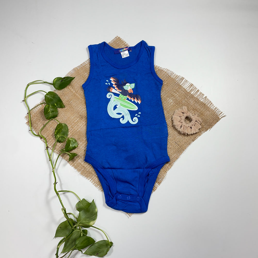 بادی نوزادی پسرانه آستین بدون استین طرح جلو عروسکی ابی رنگ