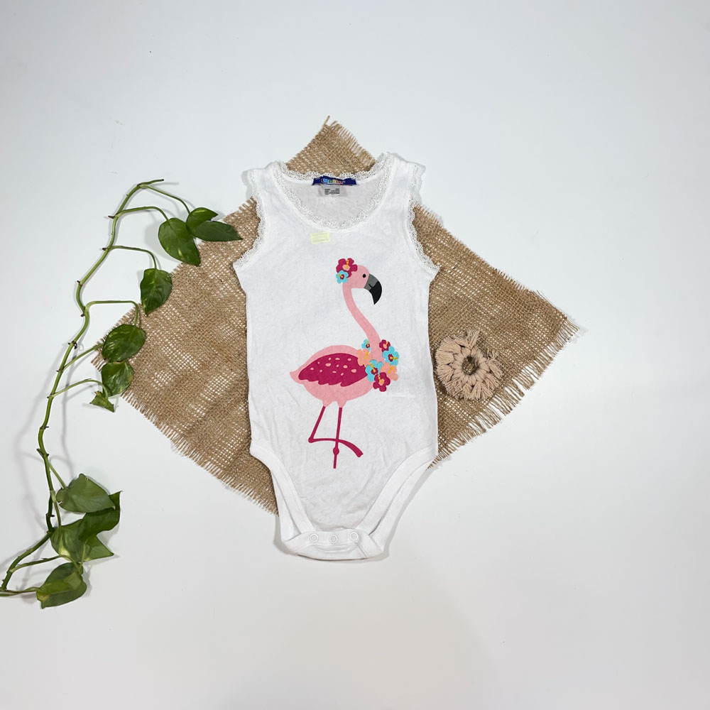 بادی نوزادی دخترانه آستین کوتاه برند لوپیلو طرح فلامینگو یقه گیپور سفید رنگ - 12 تا 24 ماه