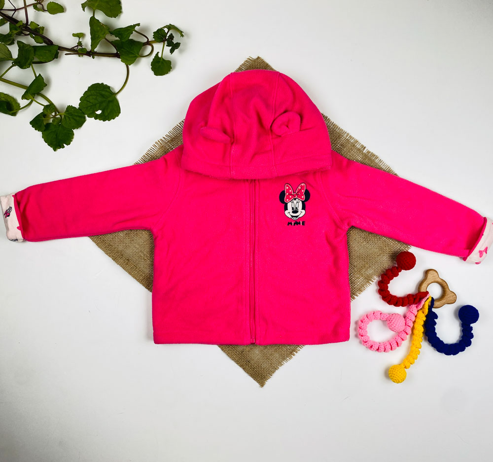 سویشرت نوزادی دخترانه آستین بلند طرح میکی موس کلاه دار جلو زیپی صورتی پررنگ - 12 تا 24 ماه