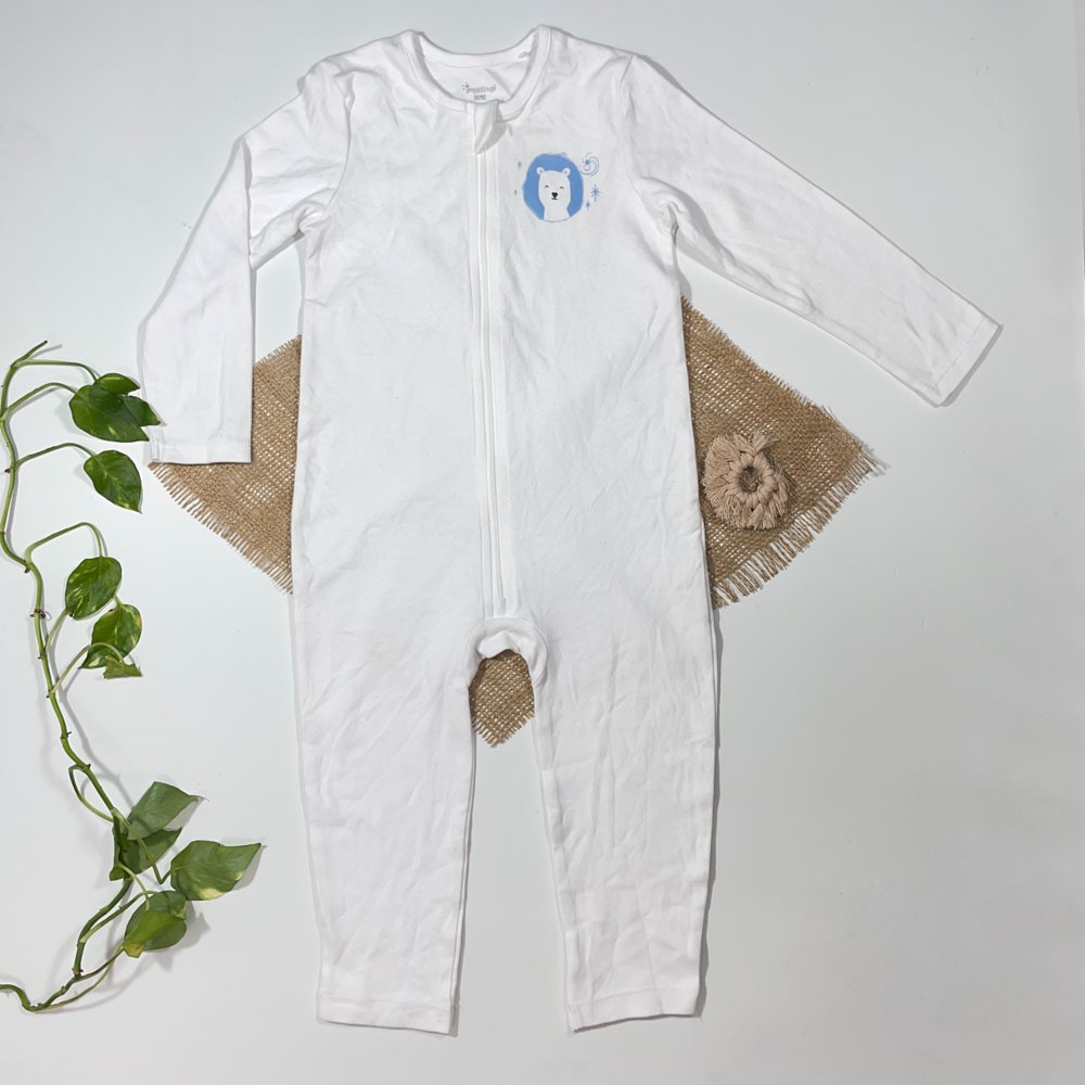 سرهمی نوزادی دخترانه آستین بلند برند Impidimpi طرح خرسی جلو زیپ دار سفید رنگ - 18 تا 24 ماه