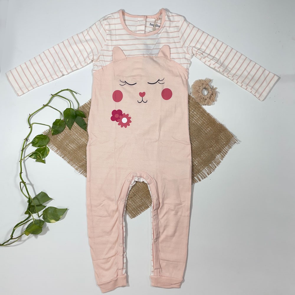 سرهمی دخترانه آستین بلند برند لوپیلو طرح راه راه گربه ای گلبهی رنگ - 2 سال