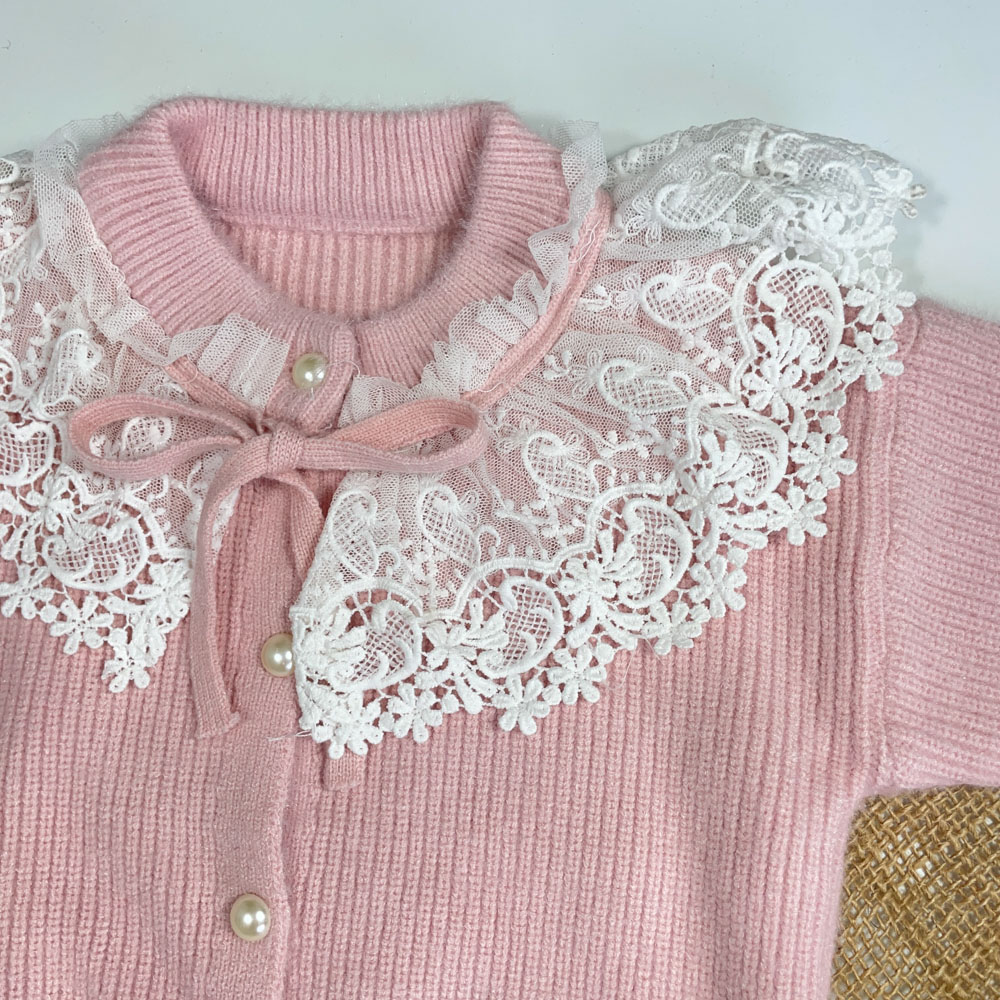 ست بلوز و دامن دخترانه آستین بلند طرح یقه گیپور صورتی رنگ