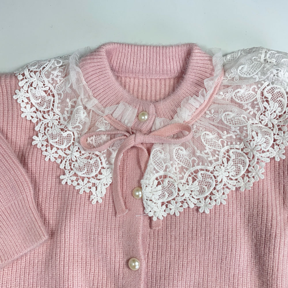 ست بلوز و دامن دخترانه آستین بلند طرح یقه گیپور صورتی رنگ