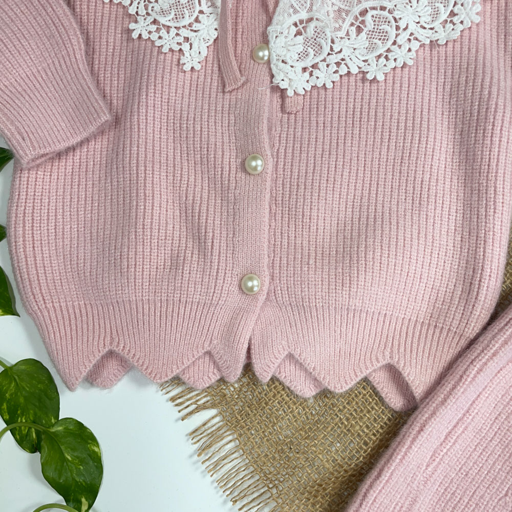 ست بلوز و دامن دخترانه آستین بلند طرح یقه گیپور صورتی رنگ