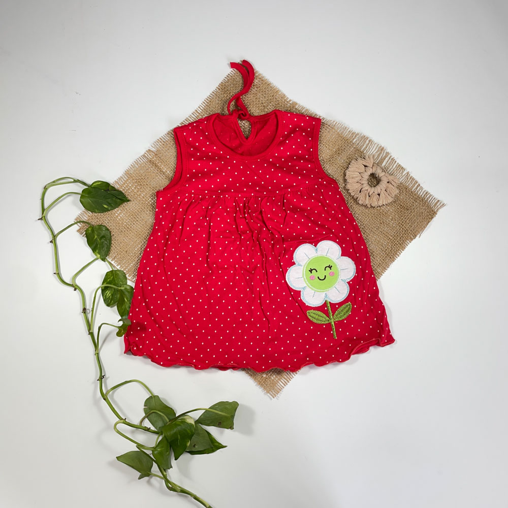 بلوز دامنی نوزادی دخترانه آستین کوتاه طرح توپلی توپکی گل دار قرمز رنگ - 3 تا 6 ماه