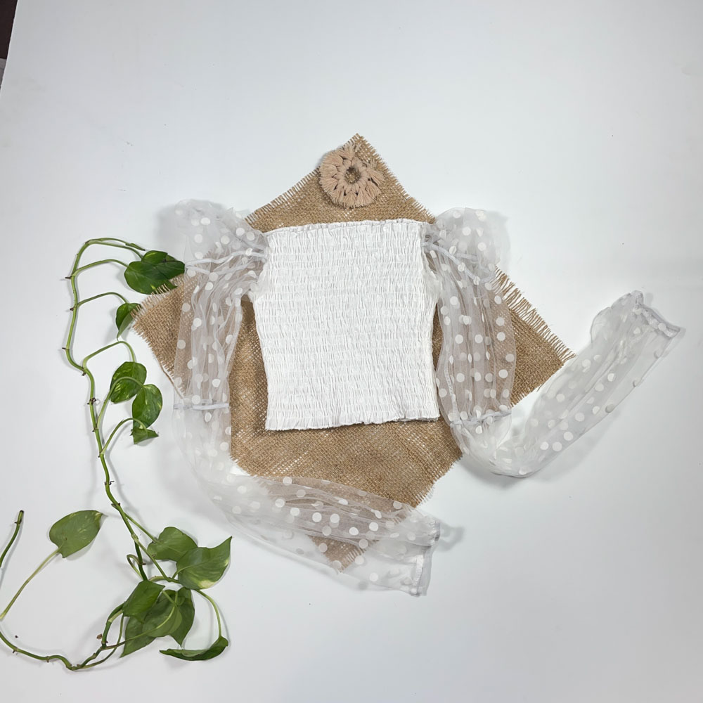 بلوز دامنی دخترانه آستین کوتاه طرح استین تور بلوز کشی سفید رنگ - 6 تا 8 سال