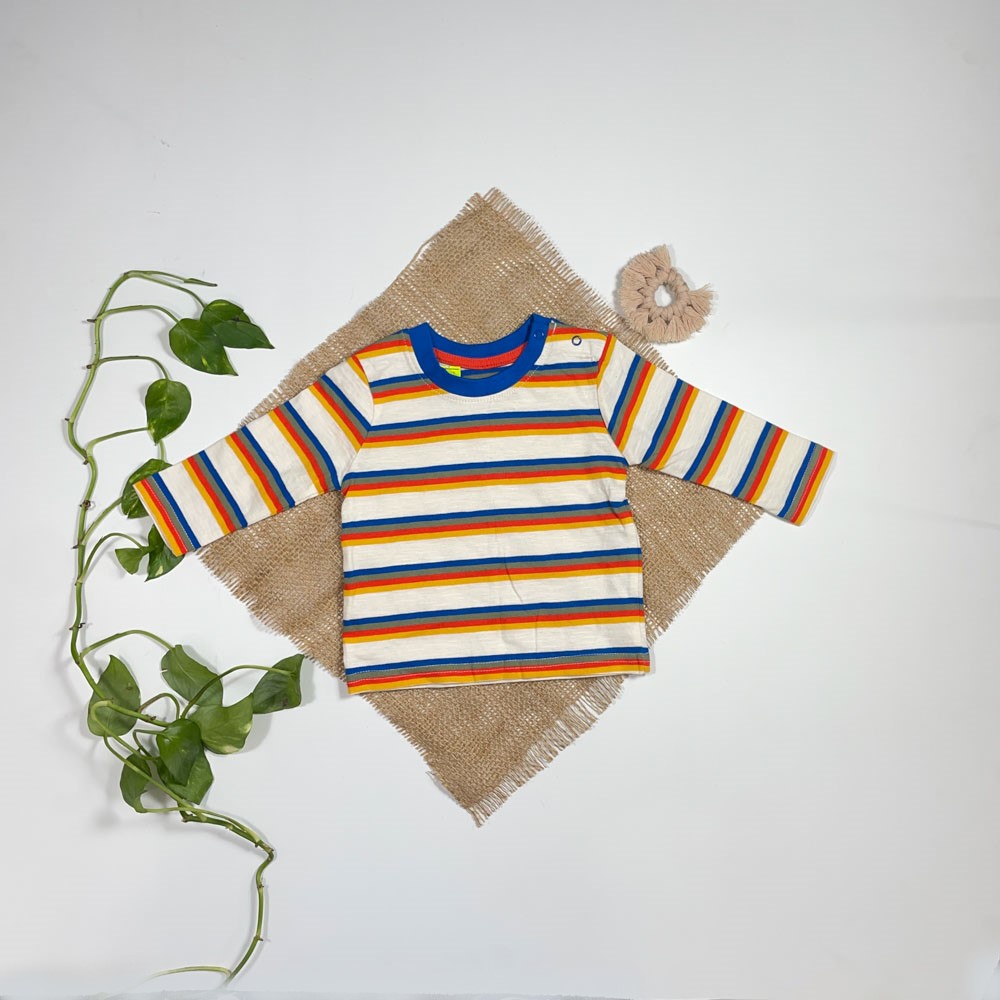 بلوز نوزادی پسرانه آستین بلند طرح راه راه رنگی سفید رنگ - 3 تا 6 ماه