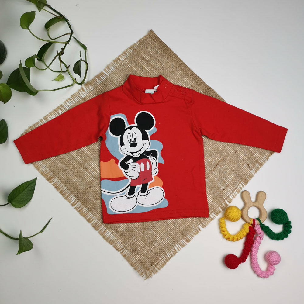 بلوز نوزادی آستین بلند برند دیزنی طرح میکی موس یقه سه سانتی قرمز رنگ - 6 ماه