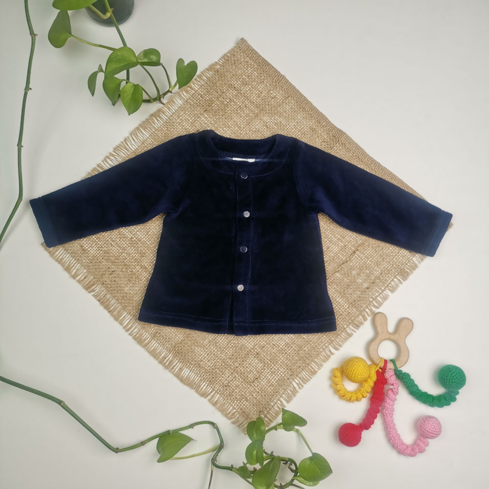 بلوز مخمل نوزادی آستین بلند جلو دکمه دار سرمه ای رنگ - 3 ماه