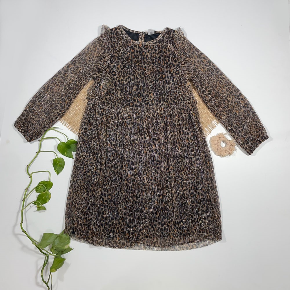 بلوز دامنی دخترانه آستین بلند برند Tu طرح دامن پلیسه پلنگی قهوه ای رنگ - 6 سال