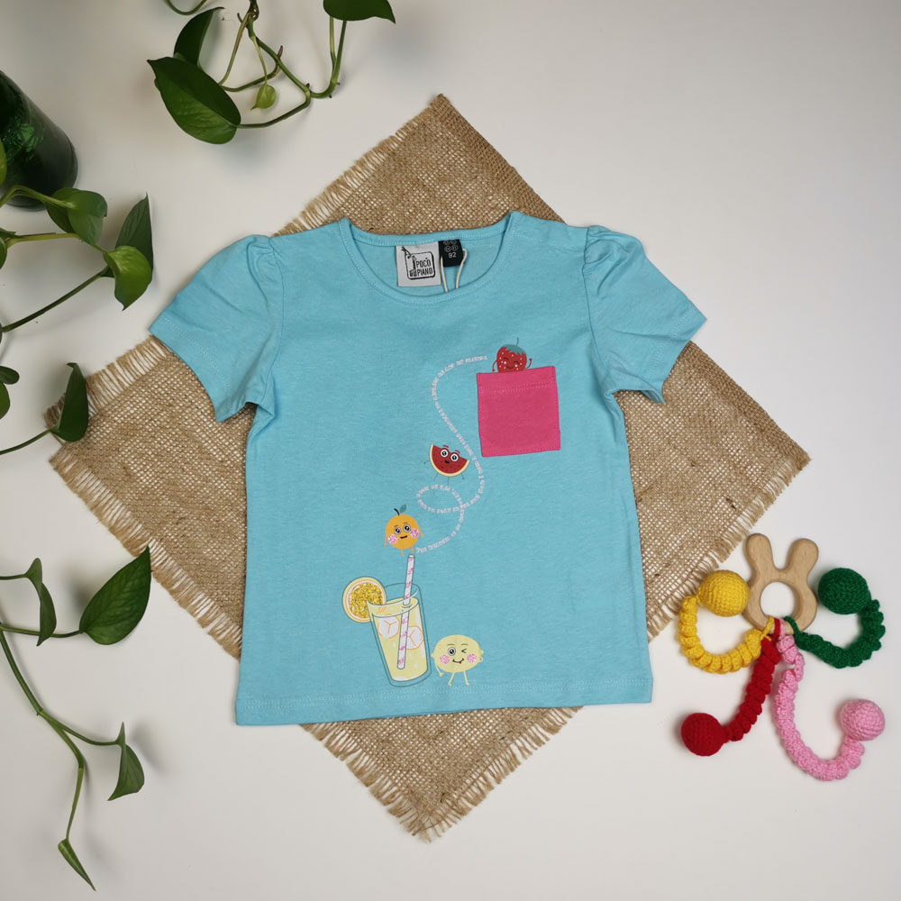 بلوز آستین کوتاه طرح لیوان آب میوه آبی رنگ - 2 سال