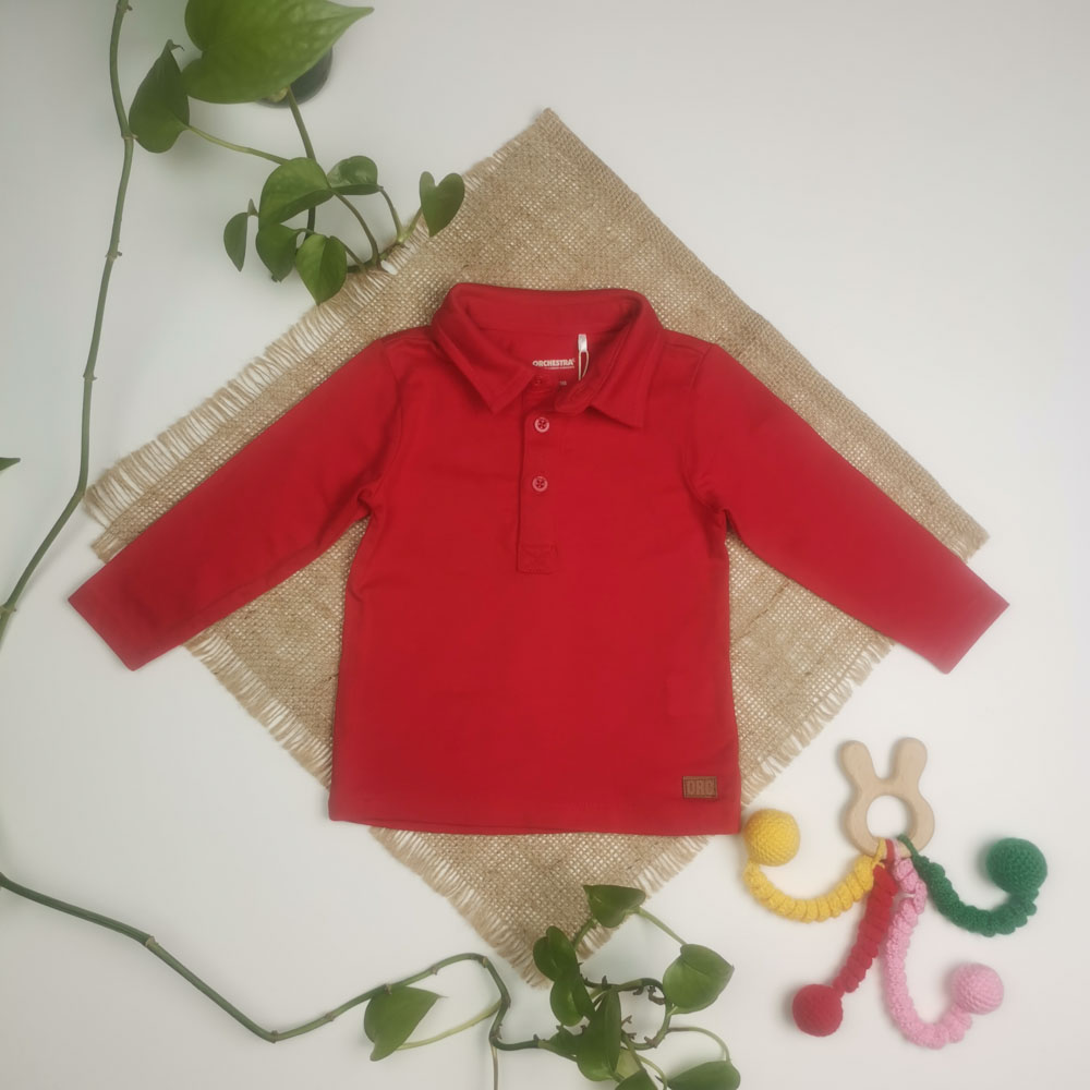 بلوز نوزادی آستین بلند جلو دکمه دار یقه دار قرمز رنگ - 6 ماه