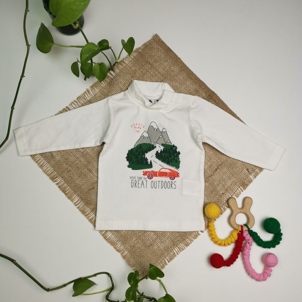 بلوز نوزادی آستین بلند طرح کوهستان و جنگل یقه سه سانت سفید رنگ - 6 ماه