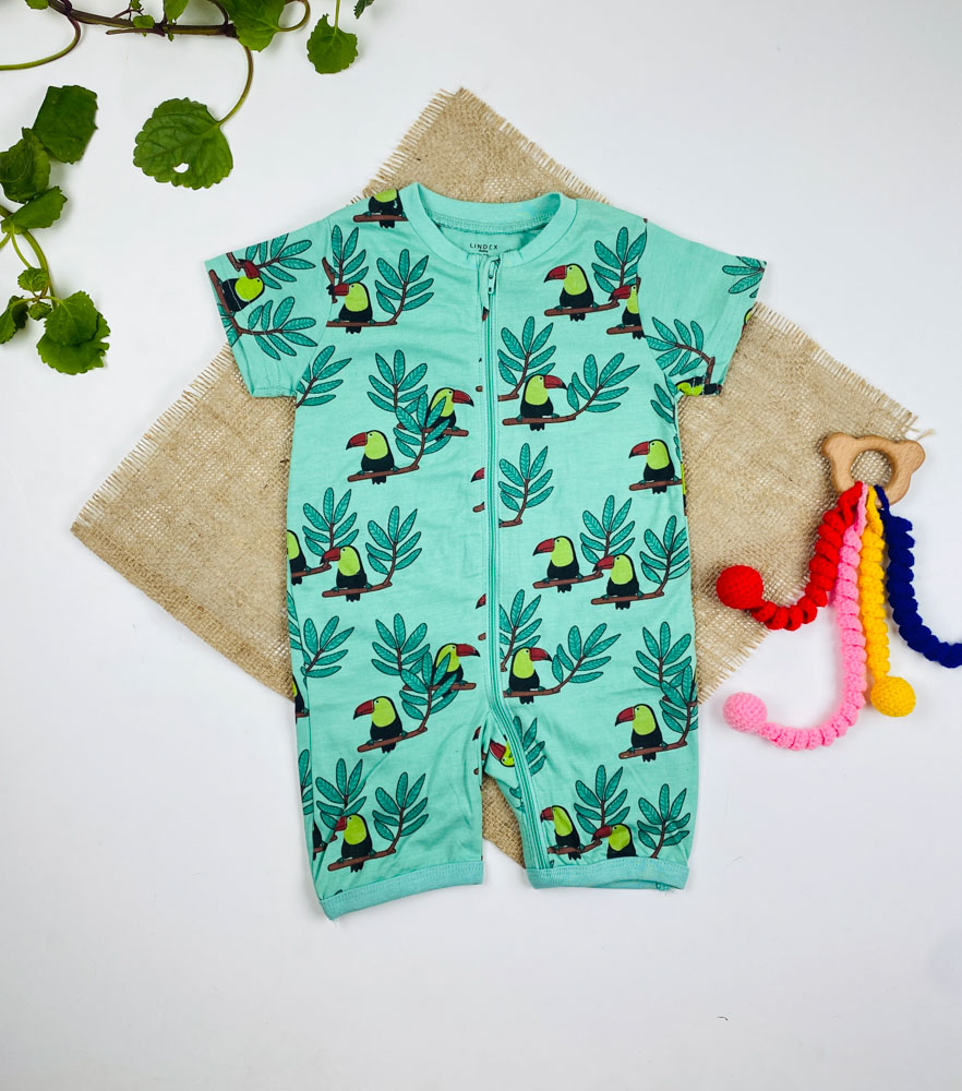 رامپر نوزادی آستین کوتاه برند لیندکس طرح دارکوب یقه گرد زیپی کله غازی رنگ