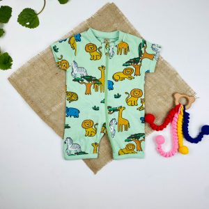 رامپر نوزادی آستین کوتاه برند لیندکس طرح حیوانات جلو زیپی یقه گرد سبز صابونی رنگ - 0 تا 3 ماه