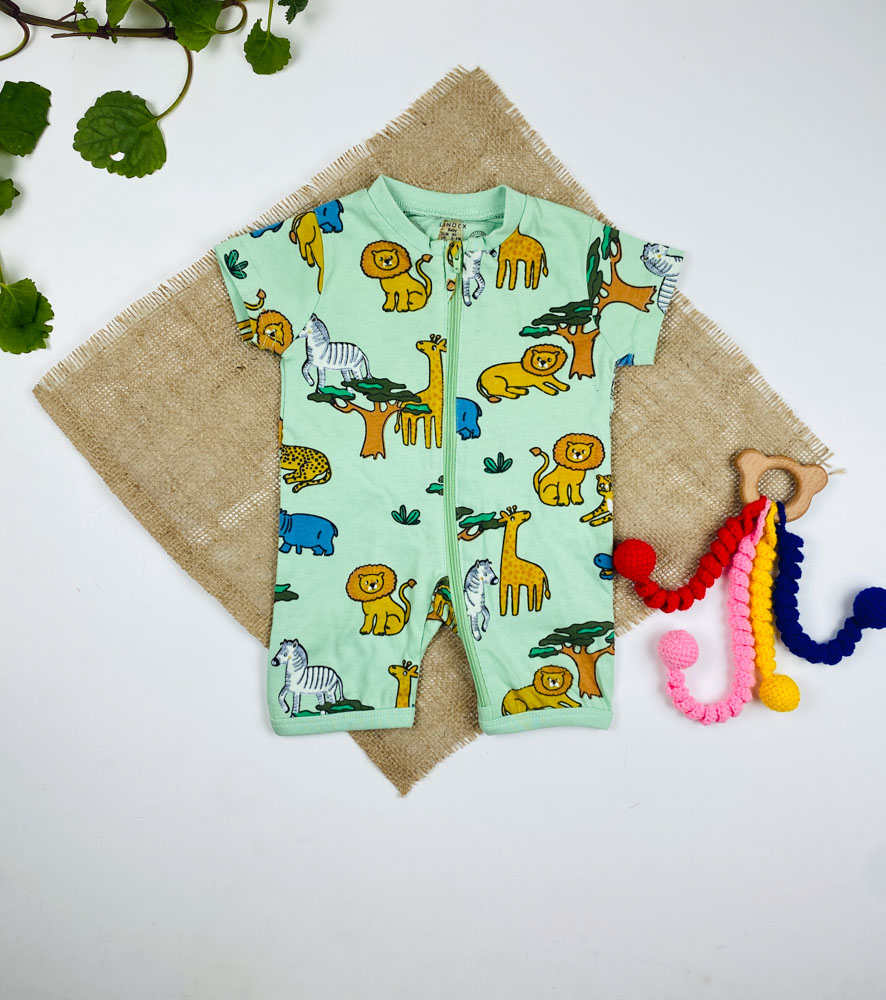 رامپر نوزادی آستین کوتاه برند لیندکس طرح حیوانات جلو زیپی یقه گرد سبز صابونی رنگ - 0 تا 3 ماه