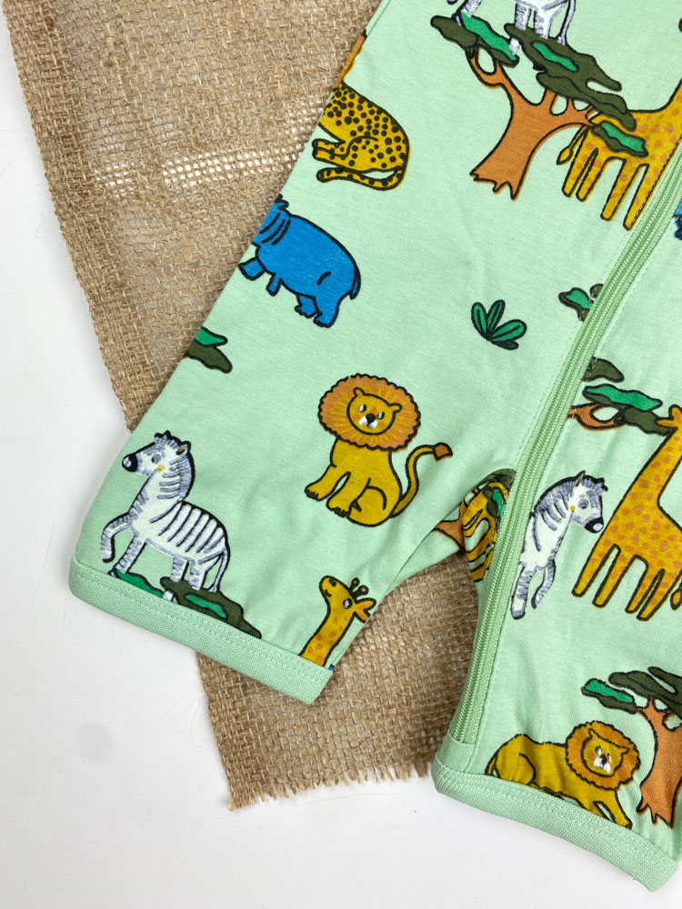 رامپر نوزادی آستین کوتاه برند لیندکس طرح حیوانات جلو زیپی یقه گرد سبز صابونی رنگ - 0 تا 3 ماه