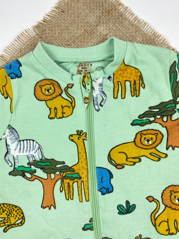 رامپر نوزادی آستین کوتاه برند لیندکس طرح حیوانات جلو زیپی یقه گرد سبز صابونی رنگ - 0 تا 3 ماه