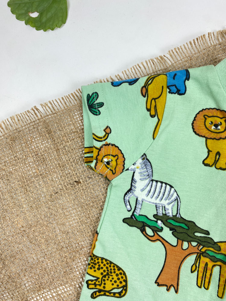 رامپر نوزادی آستین کوتاه برند لیندکس طرح حیوانات جلو زیپی یقه گرد سبز صابونی رنگ - 0 تا 3 ماه