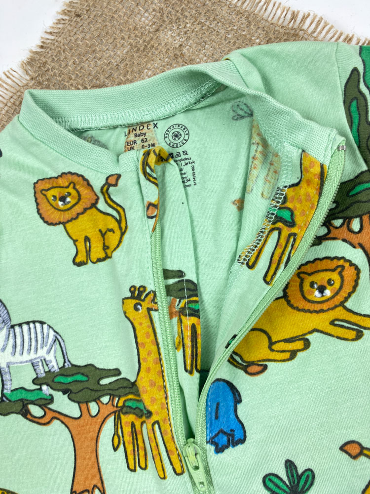 رامپر نوزادی آستین کوتاه برند لیندکس طرح حیوانات جلو زیپی یقه گرد سبز صابونی رنگ - 0 تا 3 ماه