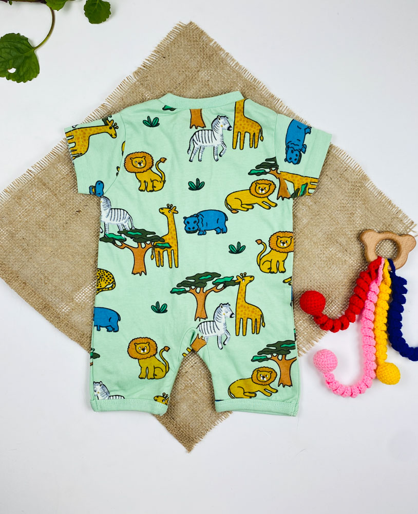 رامپر نوزادی آستین کوتاه برند لیندکس طرح حیوانات جلو زیپی یقه گرد سبز صابونی رنگ - 0 تا 3 ماه