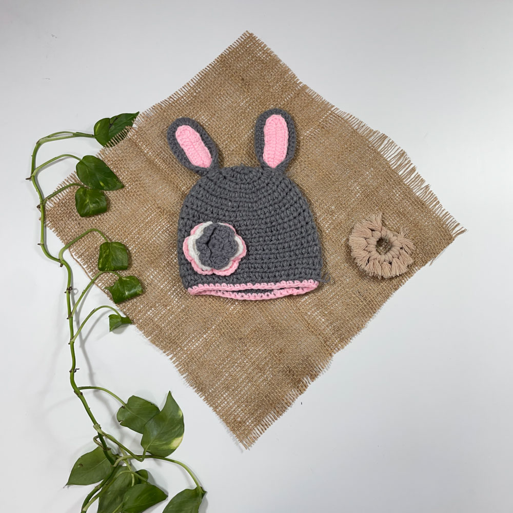 کلاه دخترانه طرح خرگوشی طوسی رنگ - فری سایز