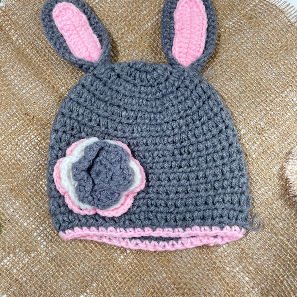 کلاه دخترانه طرح خرگوشی طوسی رنگ - فری سایز