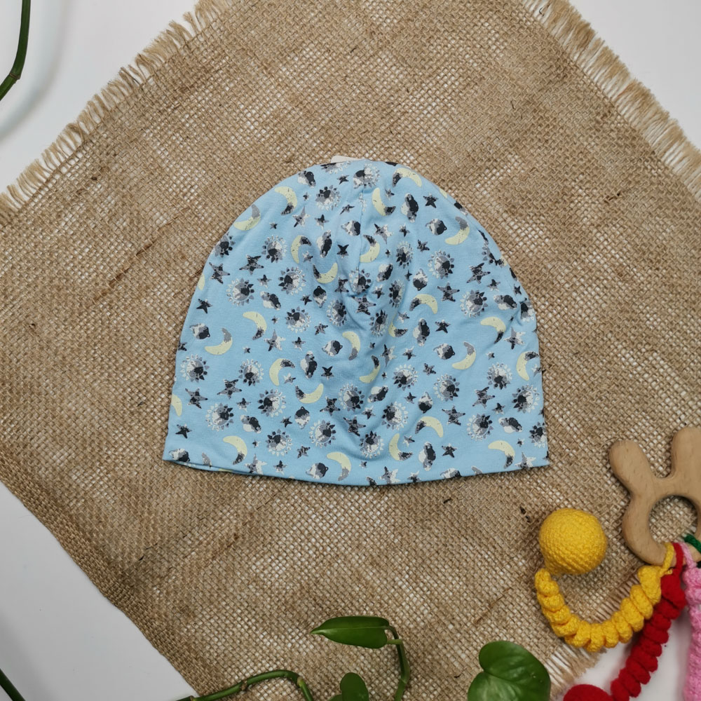کلاه نوزادی نوزادی دخترانه طرح ماه و ستاره دو لایه آبی رنگ - 2 تا 6 ماه