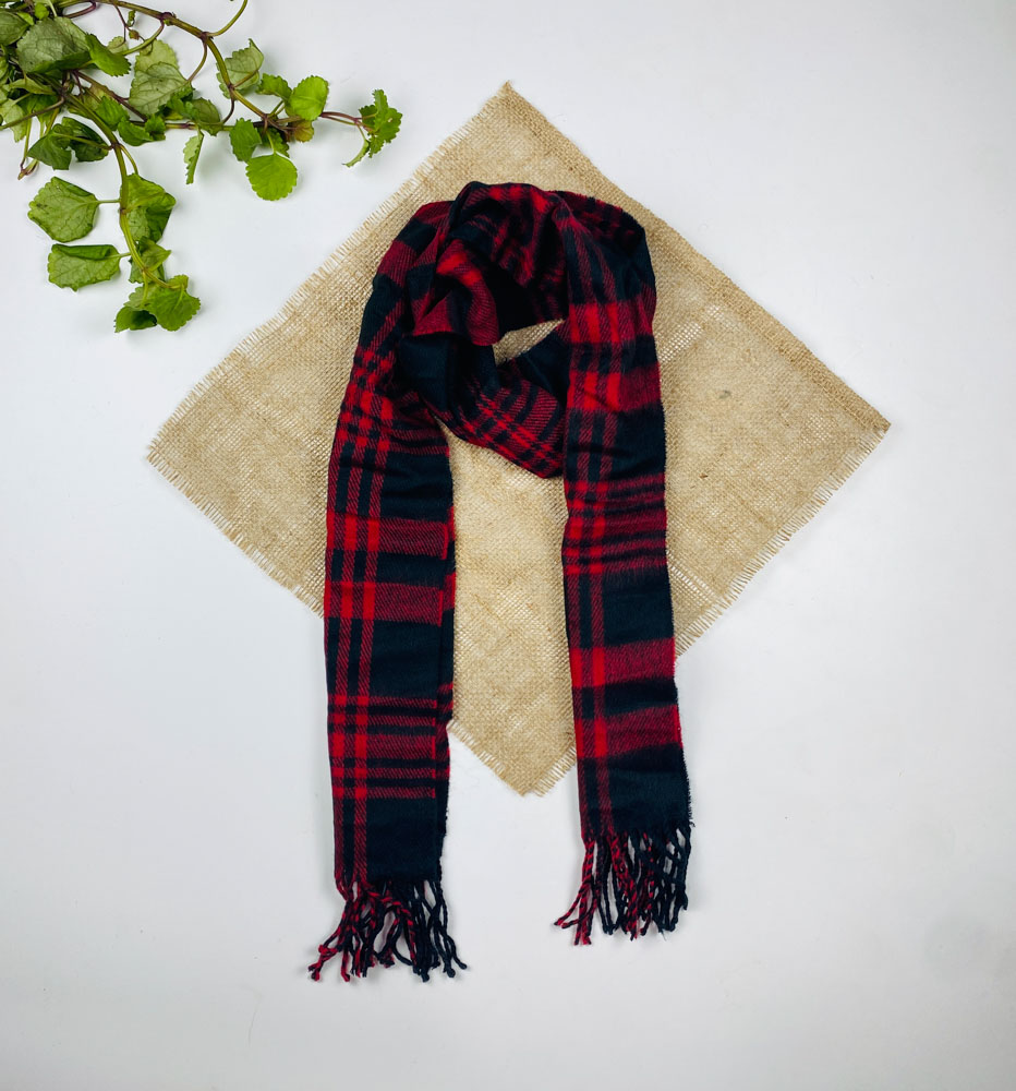 تخفیف یلدایی _ شال گردن طرح چهار خونه ای مدل موهر ریش ریشی قرمز رنگ - فری سایز