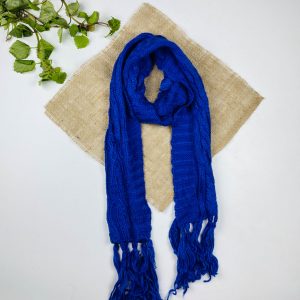 تخفیف یلدایی _ شال گردن طرح مدل نقش بافته ریش ریشی آبی تیره رنگ - فری سایز