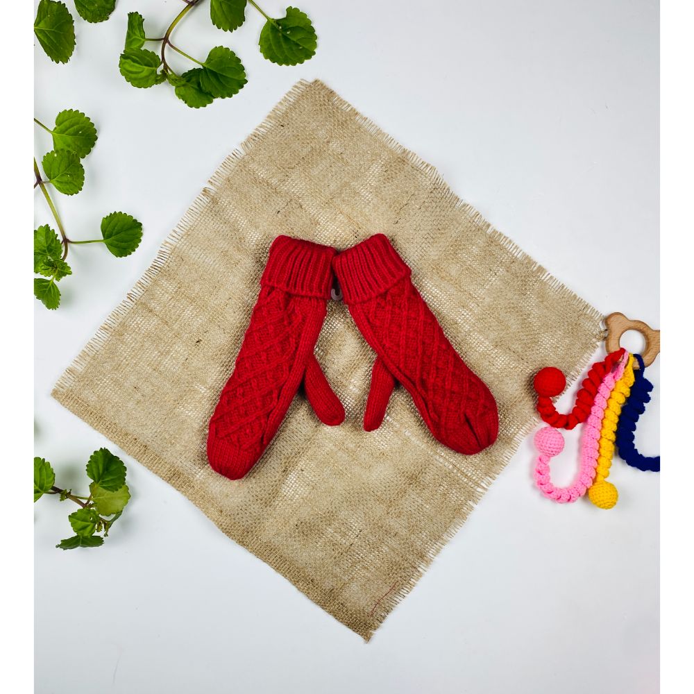 دستکش طرح مدل شطرنجی مدل شصتی قرمز گوجه ای رنگ - فری سایز