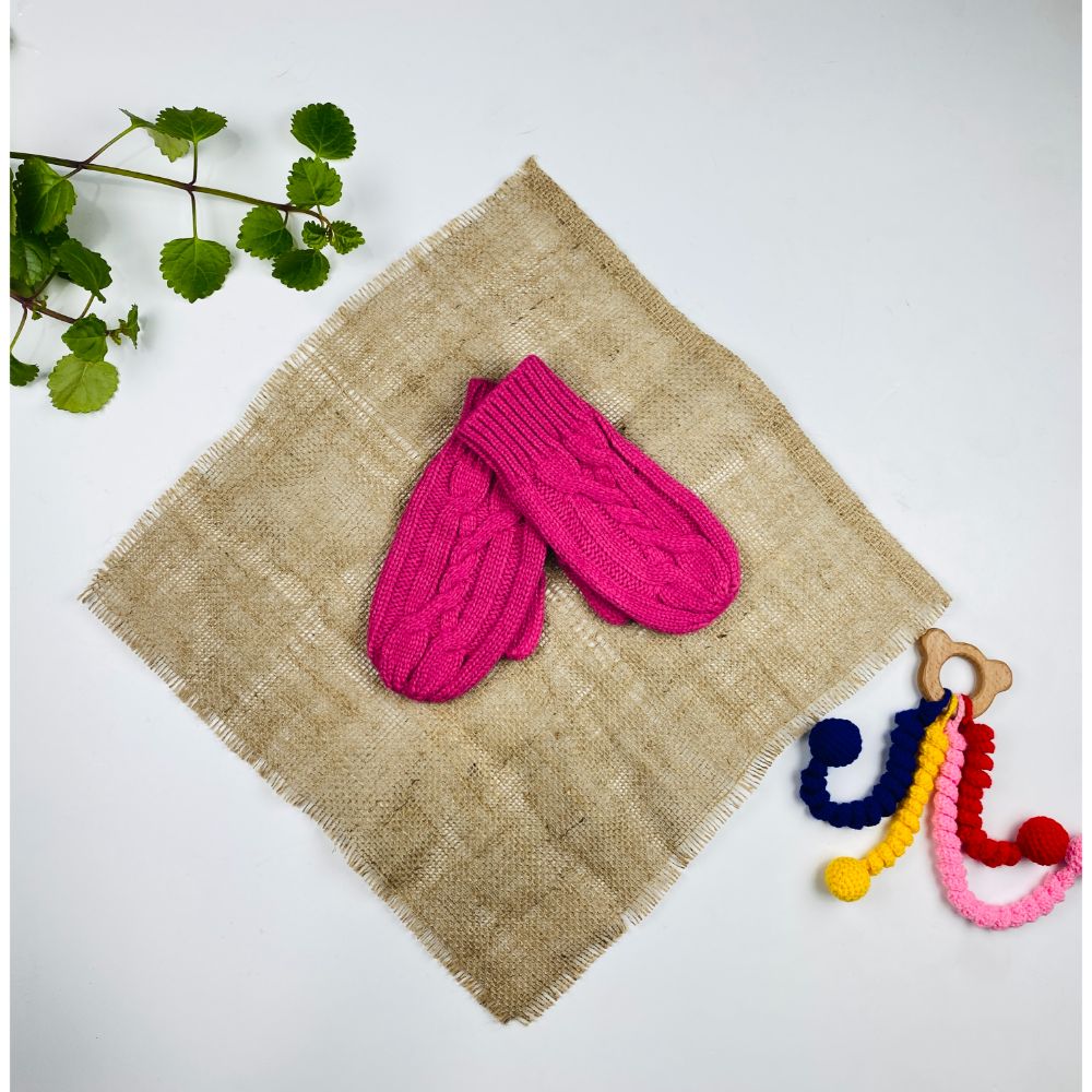 دستکش طرح طرح بافته مدل شصتی صورتی پررنگ - فری سایز