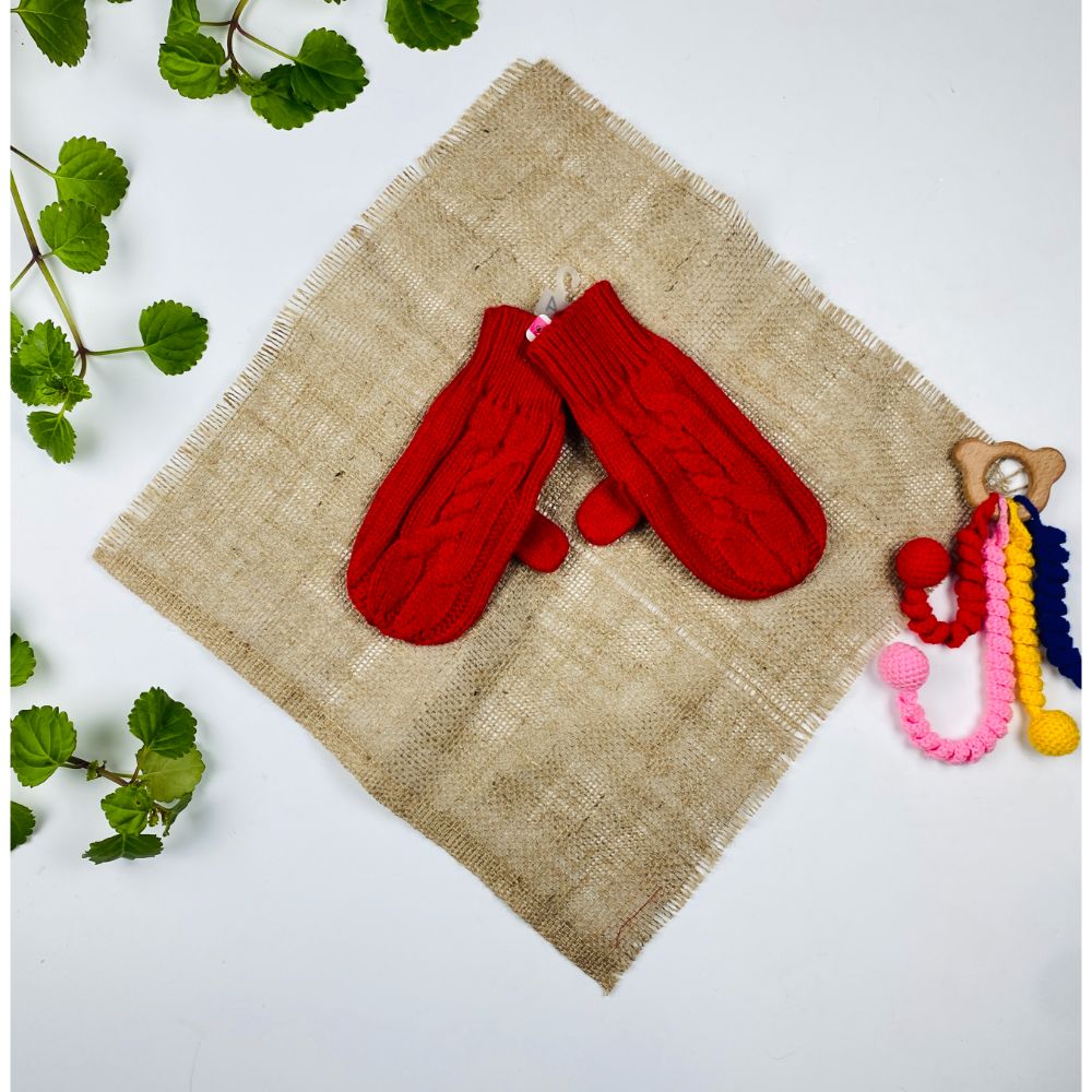 دستکش طرح مدل طرح بافته مدل شصتی زرشکی رنگ - فری سایز