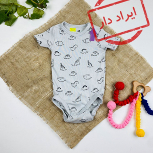ایراد دار _ بادی نوزادی آستین کوتاه برند h and m طرح دایناسور و تمساح یقه دکمه ای طوسی کمرنگ