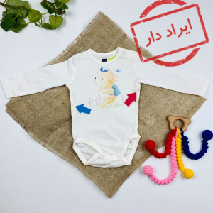 ایراد دار _ بادی نوزادی آستین بلند طرح تدی یقه گرد سفید رنگ - 2 تا 3 ماه