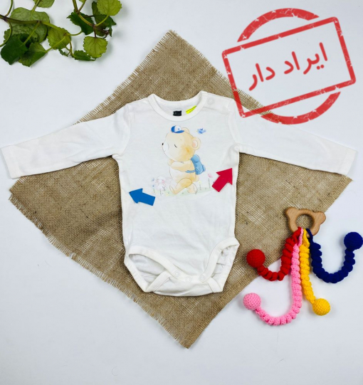 ایراد دار _ بادی نوزادی آستین بلند طرح تدی یقه گرد سفید رنگ - 2 تا 3 ماه