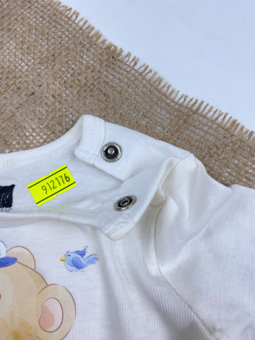 ایراد دار _ بادی نوزادی آستین بلند طرح تدی یقه گرد سفید رنگ - 2 تا 3 ماه