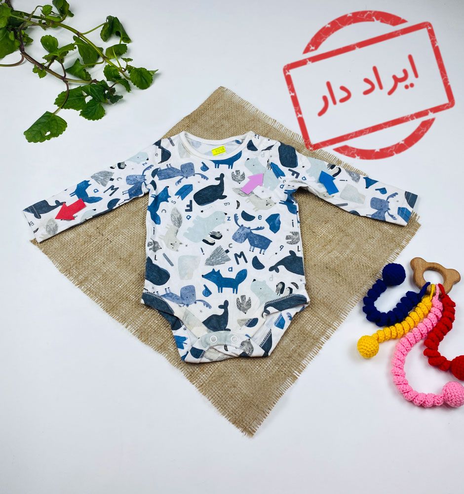 ایراد دار _ بادی نوزادی آستین بلند طرح حیوانات یقه گرد دو دکمه سفید رنگ - 0 تا 3 ماه