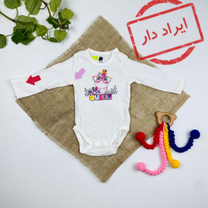 ایراد دار _ بادی نوزادی دخترانه آستین بلند طرح راکدست طرح دخترونه بادی یقه گرد سفید رنگ - 2 تا 3 ماه