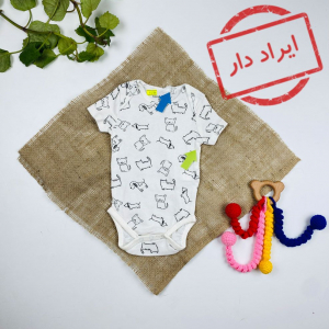 ایراد دار _ بادی نوزادی آستین کوتاه طرح حیوانات یقه گرد شیری رنگ - 0 تا 3 ماه