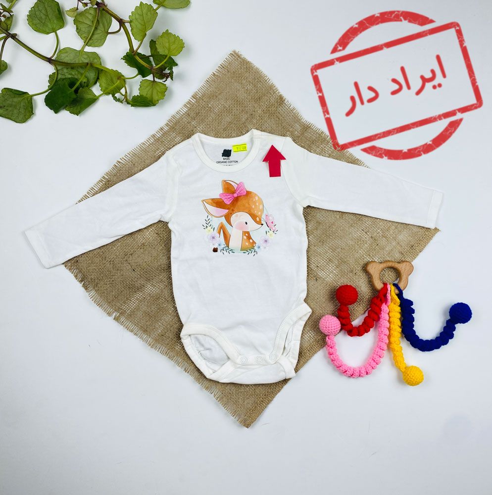 ایراد دار _ بادی نوزادی آستین بلند طرح آهو یقه گرد دو دکمه نباتی رنگ - 4 تا 6 ماه