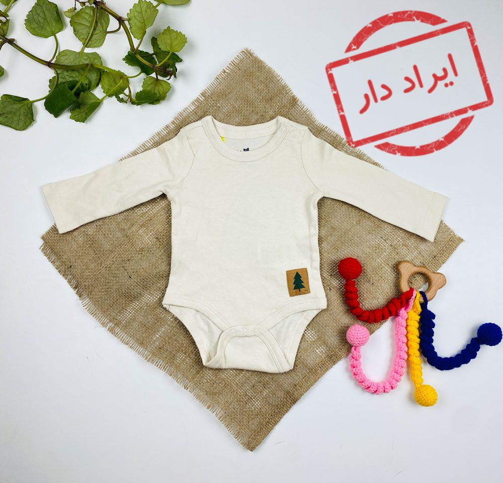 ایراد دار _ بادی نوزادی آستین بلند طرح ساده یقه گرد دو دکمه کرمی رنگ - 0 تا 3 ماه