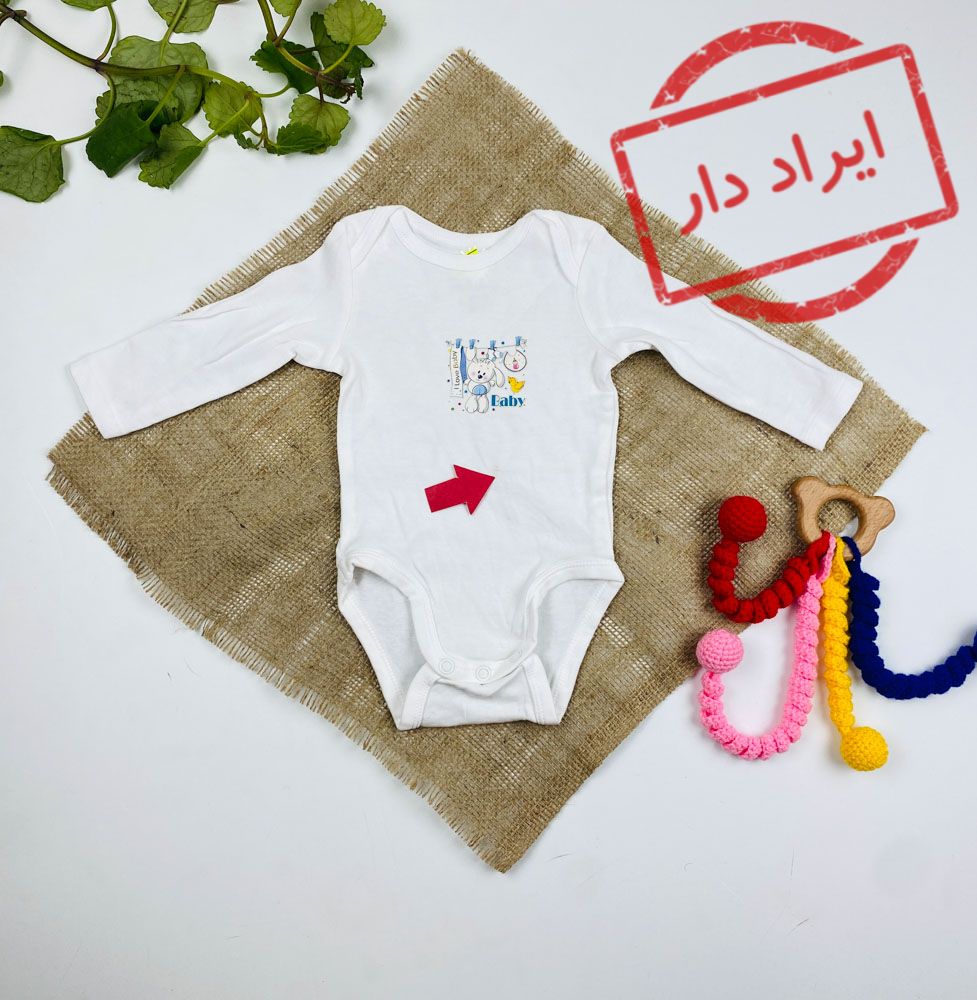 ایراد دار _ بادی نوزادی آستین بلند طرح خرگوش یقه گرد سفید رنگ - 1 تا 2 ماه