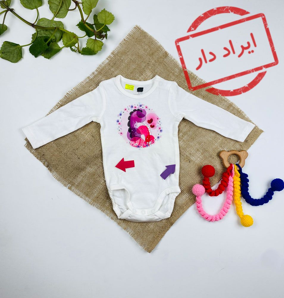 ایراد دار _ بادی نوزادی دخترانه آستین بلند طرح دوتا لاکپشت یقه دو دکمه ای سفید رنگ - 2 تا 3 ماه