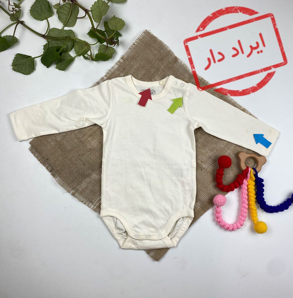 ایراد دار _ بادی نوزادی آستین بلند برند لیندکس طرح ساده یقه دو دکمه نباتی رنگ - 4 تا 6 ماه