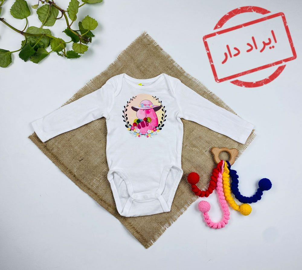 ایراد دار _ بادی نوزادی دخترانه آستین بلند طرح لاکپشت دخترانه ساده یقه گرد سفید رنگ - 2 تا 3 ماه