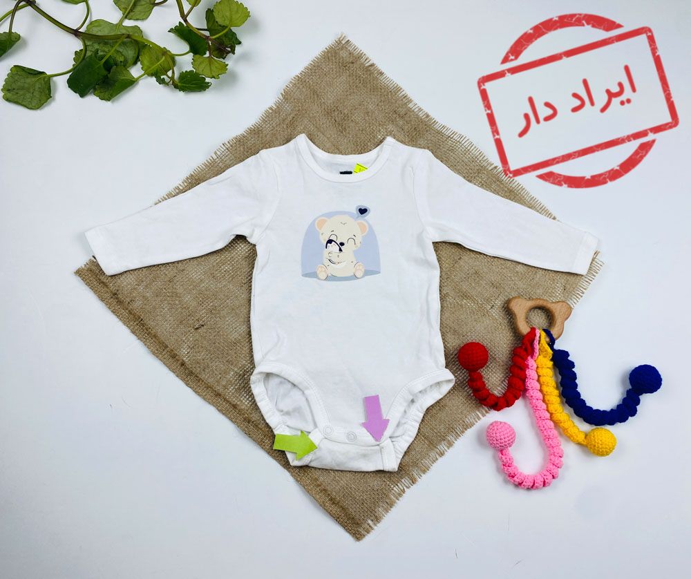 ایراد دار _ بادی نوزادی آستین بلند طرح خرس ساده یقه گرد سفید رنگ - 2 تا 3 ماه