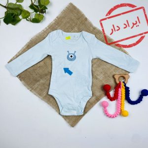 ایراد دار _ بادی نوزادی آستین بلند طرح خرس تک چشم یقه گرد آبی آسمانی رنگ - 2 تا 6 ماه