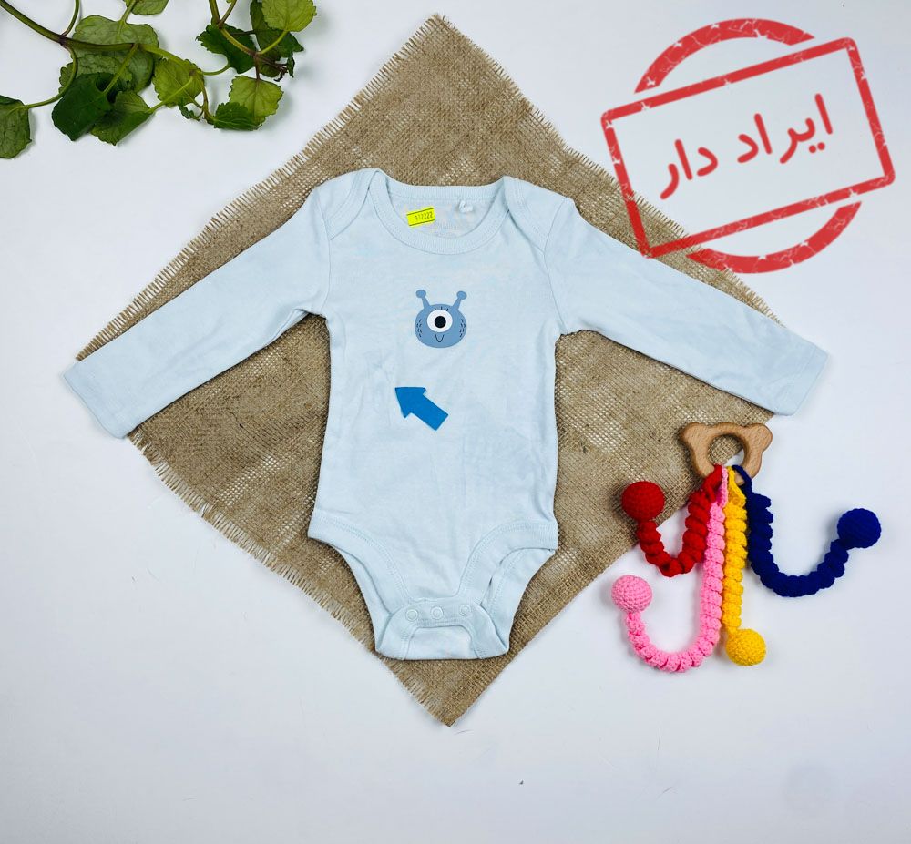 ایراد دار _ بادی نوزادی آستین بلند طرح خرس تک چشم یقه گرد آبی آسمانی رنگ - 2 تا 6 ماه