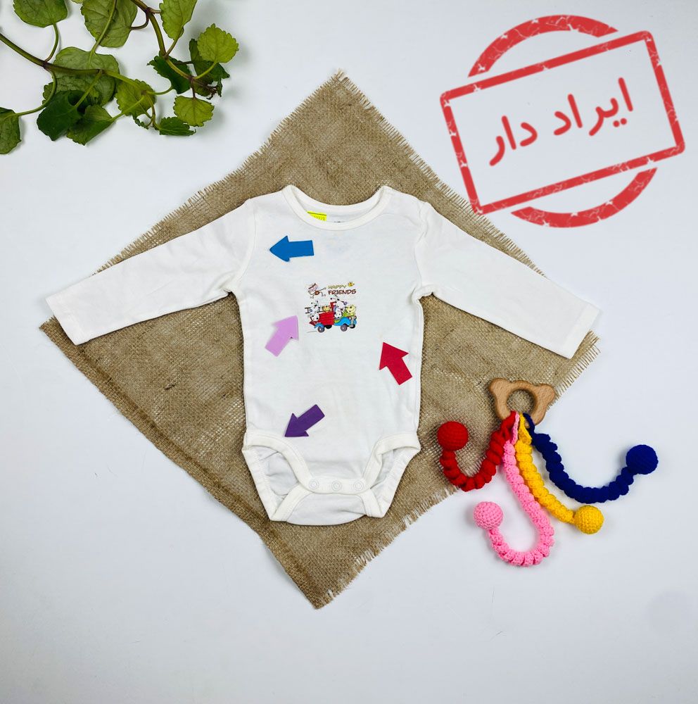 ایراد دار _ بادی نوزادی آستین بلند طرح حیوانات یقه گرد دو‌دکمه ای نباتی رنگ - 2 تا 3 ماه